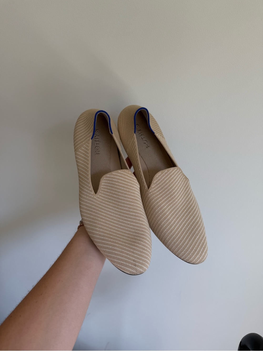Rothy's Beige Knit Slip-On Loafers with Blue Trim